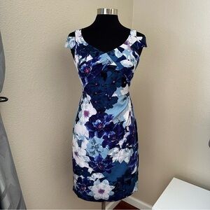 Adrianna Papell Blue White Floral Midi Dress Size 4